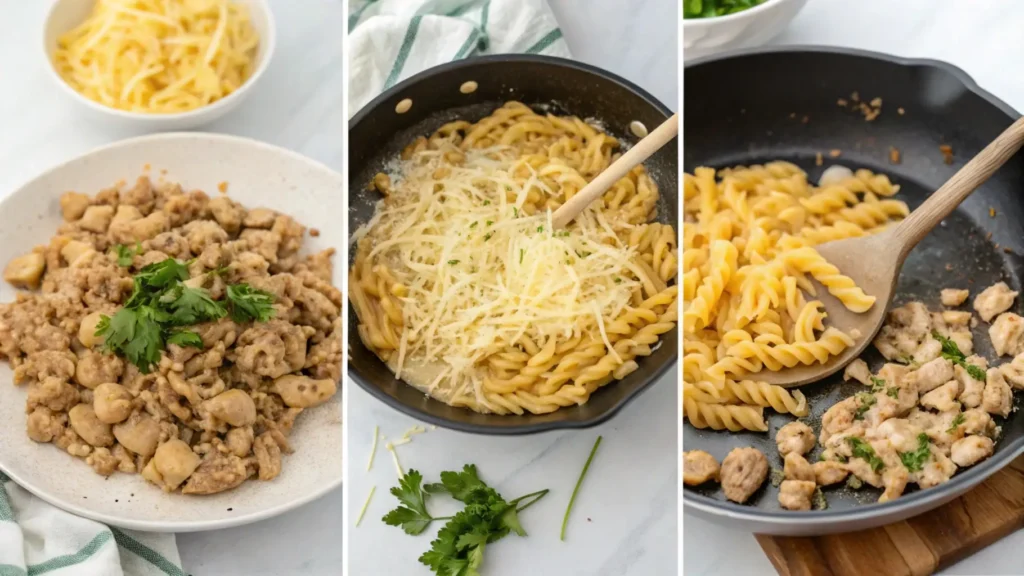 Step-by-step visual guide for making cheesy ground chicken pasta, showing browned ground chicken, pasta and broth cooking in the skillet, cheese being stirred in, and the final dish garnished with fresh herbs.