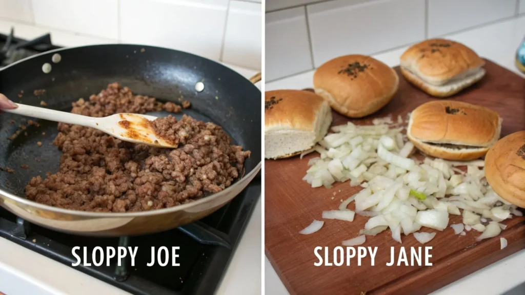 Step-by-step cooking process for Sloppy Joe and Sloppy Jane, featuring sautéing onions, cooking ground beef or lentils, mixing in tomato-based sauce, and assembling the sandwiches on hamburger buns with labeled illustrations.