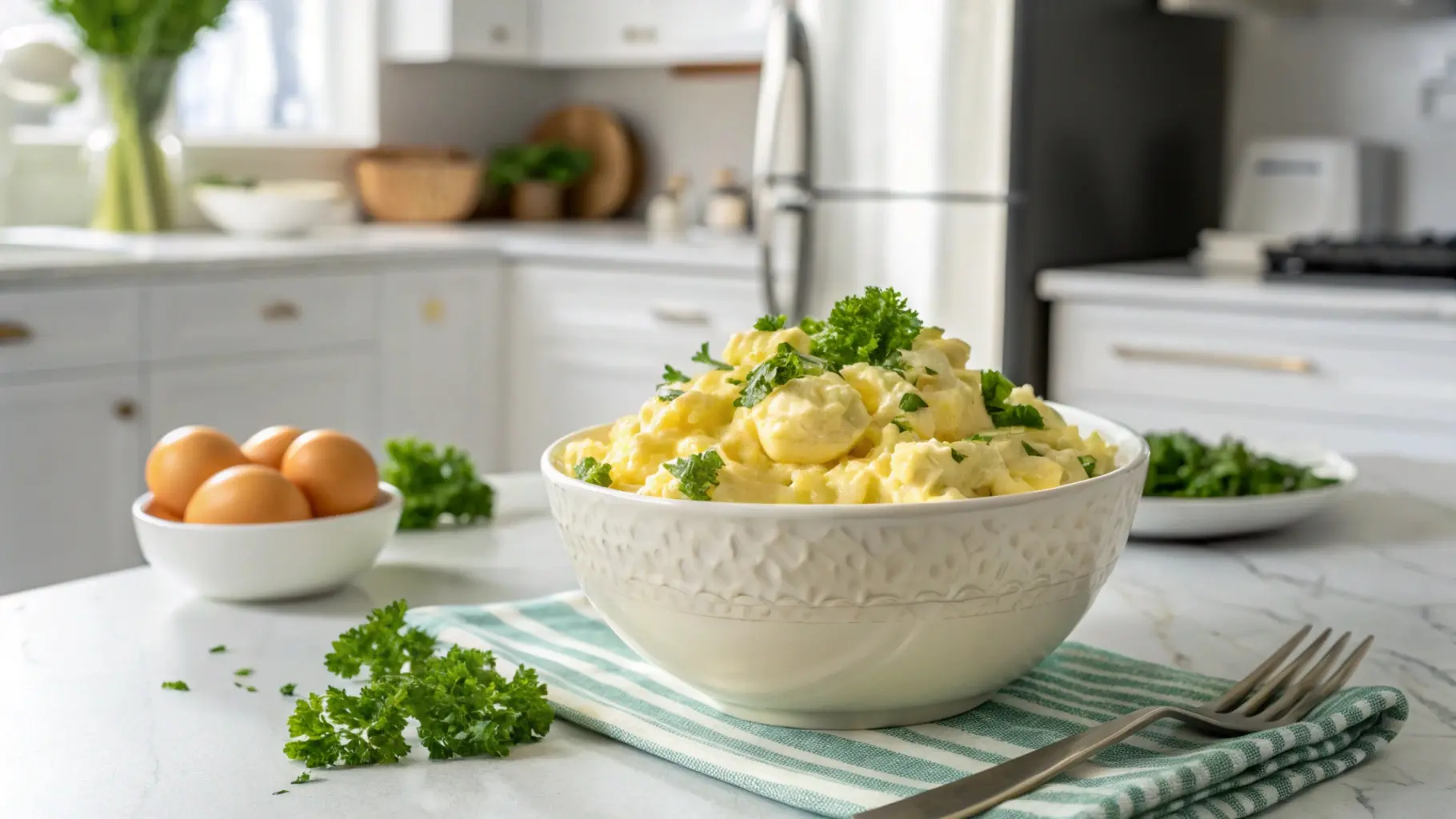 How long will egg salad stay good in the refrigerator - fresh egg salad in a kitchen setting.