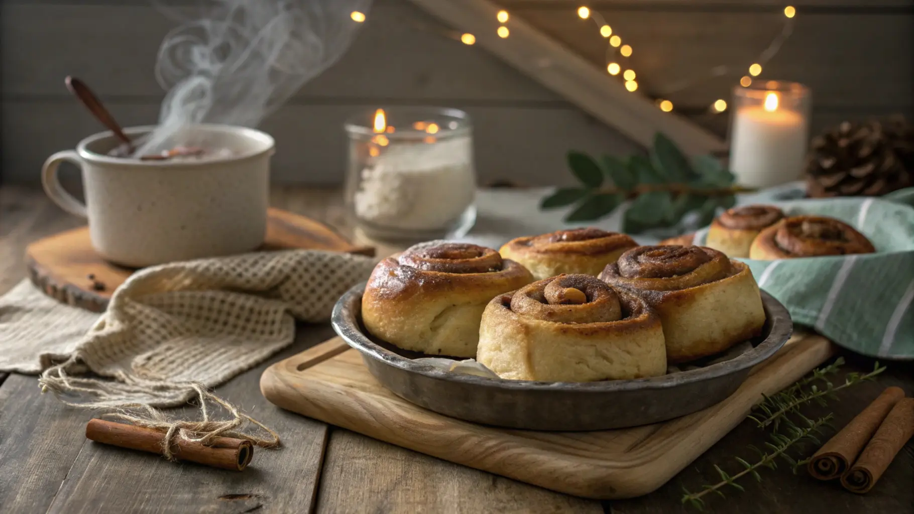 "Freshly baked cinnamon rolls on a rustic wooden table, showcasing why cinnamon rolls are not light and fluffy with steam rising."