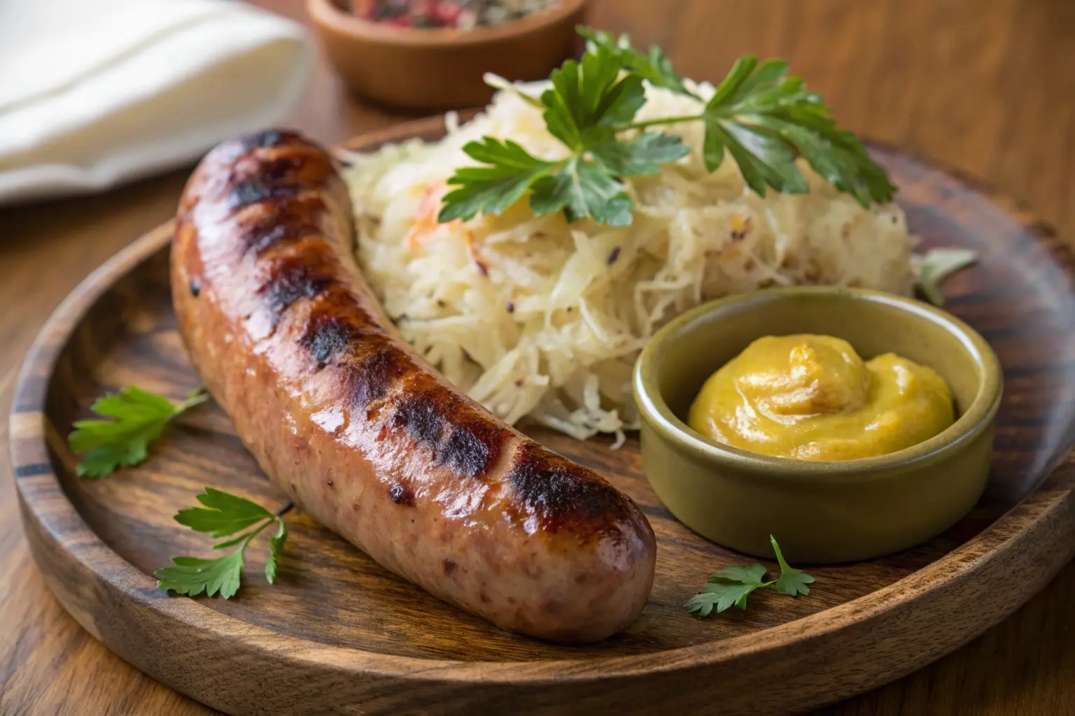 Grilled kielbasa sausage served on a rustic plate with sauerkraut and mustard, garnished with parsley.