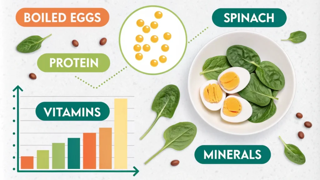 Illustration of the nutritional breakdown of boiled eggs and spinach, showcasing vitamins, minerals, and protein content in a vibrant, infographic style.