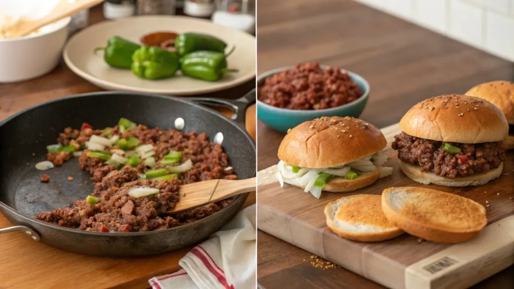 Step-by-step cooking process of a homemade sloppy joe, featuring ground beef simmering in a tomato-based sauce with onions and green peppers in a skillet.