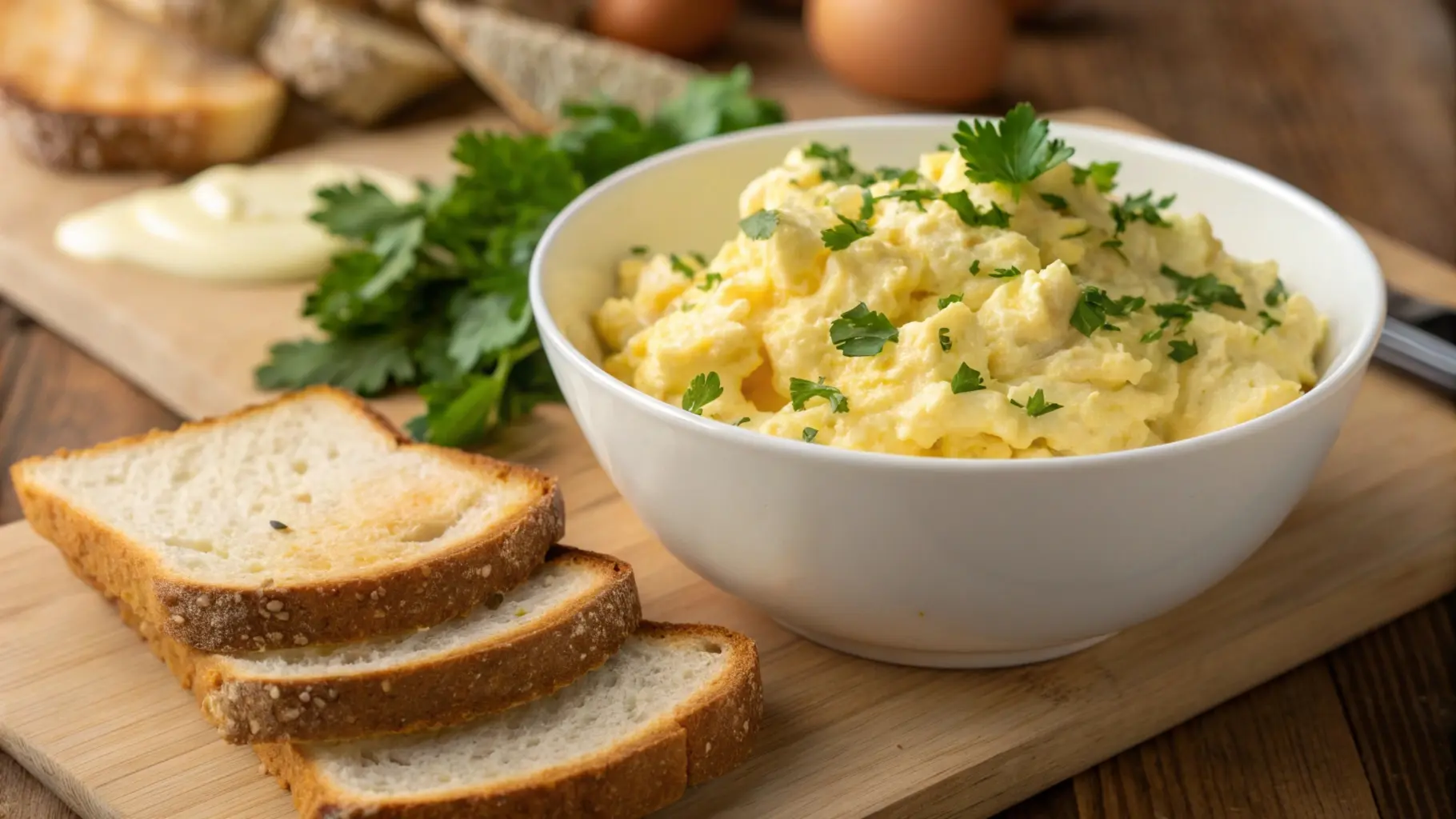 Freshly made egg salad in a white bowl, garnished with parsley, placed on a wooden table with slices of toasted bread alongside.