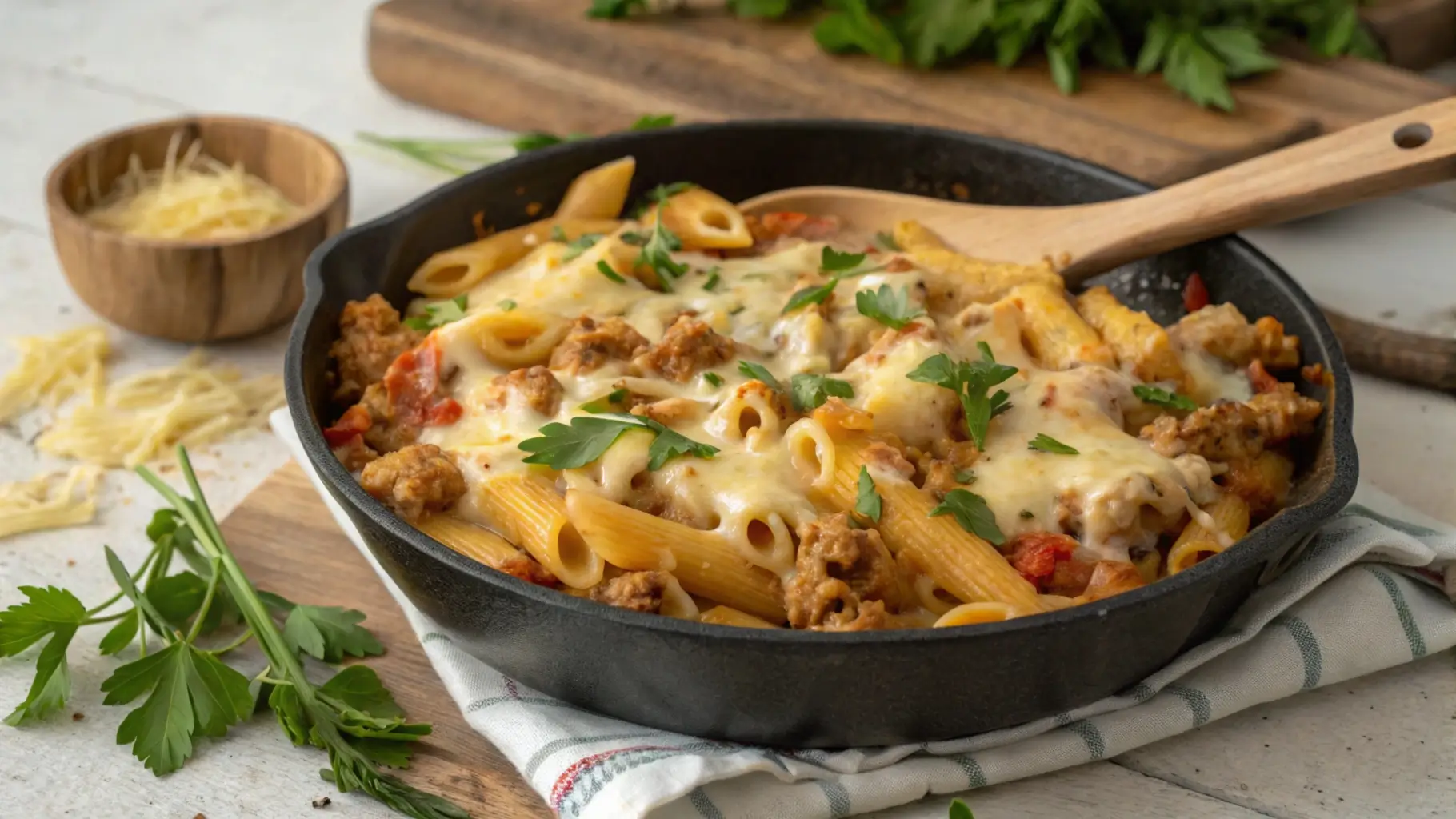 A skillet filled with cheesy ground chicken pasta, topped with melted cheese and garnished with fresh parsley, placed on a wooden table alongside a serving spoon.