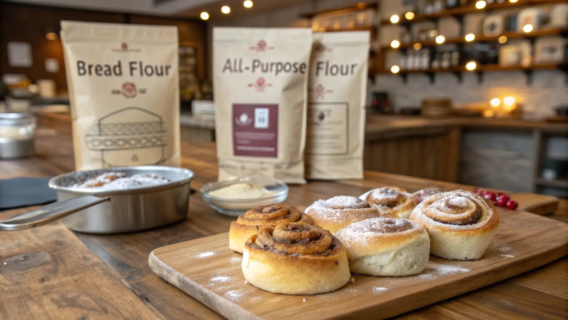 "Fresh cinnamon rolls made with bread flour vs regular flour, highlighting differences in softness and structure."