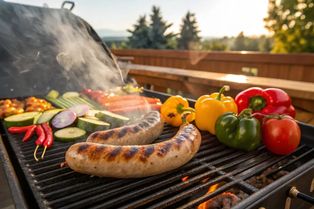 Grilled kielbasa on a barbecue with visible grill marks, surrounded by colorful vegetables like bell peppers, onions, and zucchini, with light smoke rising for an appetizing look.