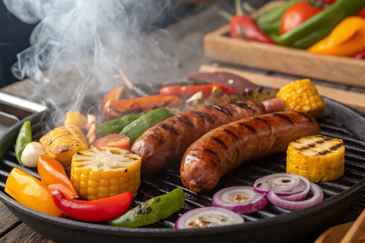 Grilled kielbasa sausages on a rustic barbecue surrounded by roasted vegetables like peppers, onions, and zucchini, with steam and smoke rising.