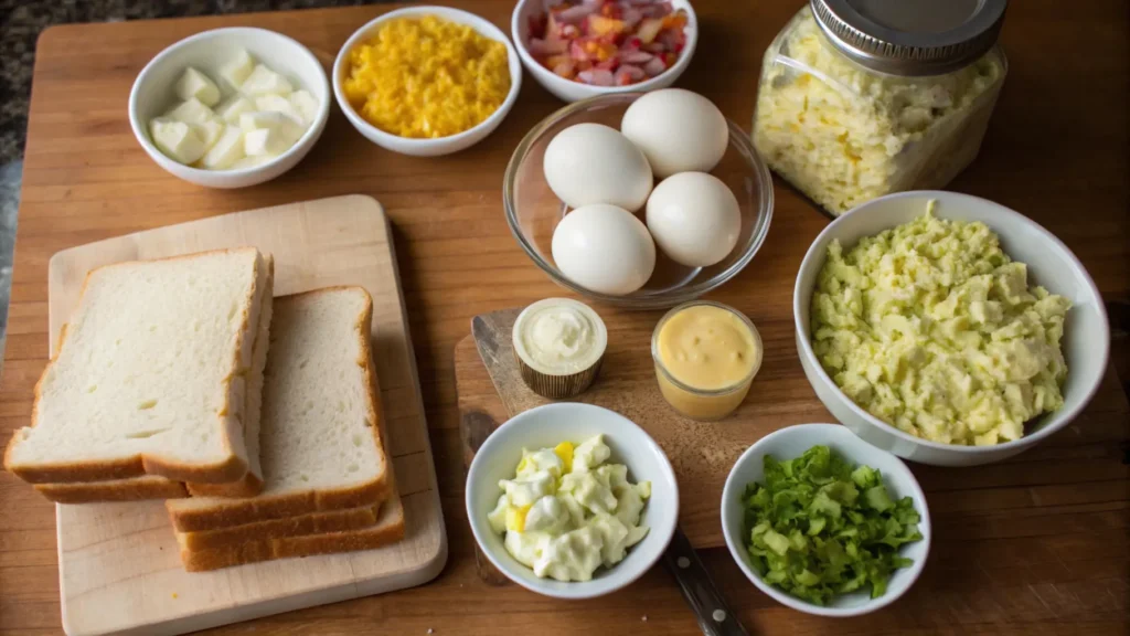Individual ingredients of an egg salad sandwich neatly arranged on a rustic kitchen counter, including boiled eggs, mayonnaise, mustard, chopped vegetables, fresh herbs, and slices of bread