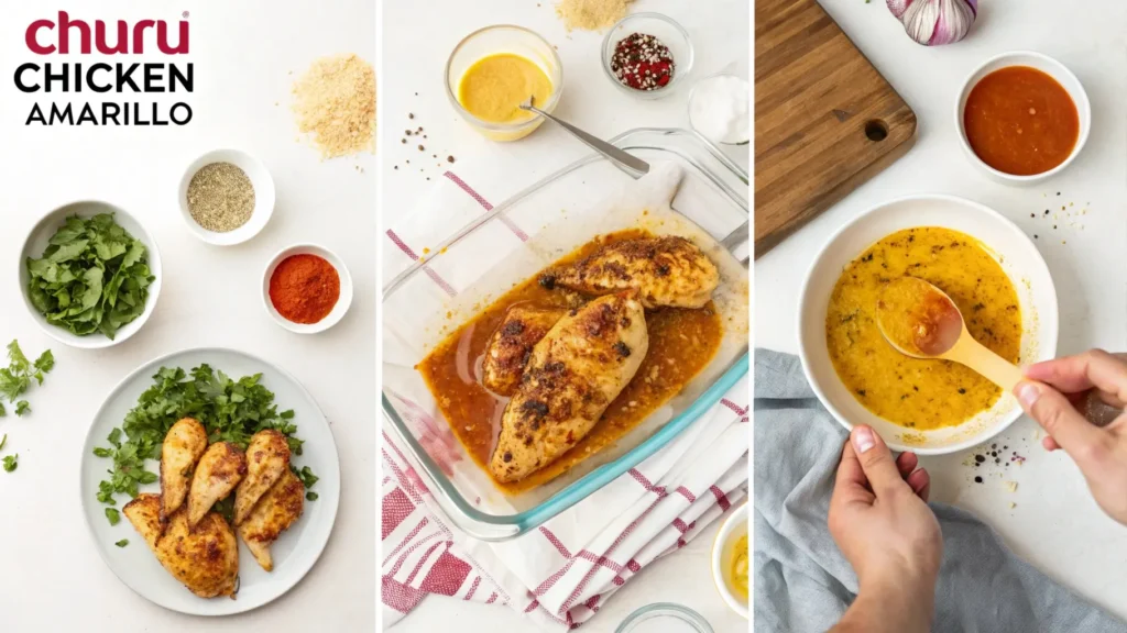 Step-by-step cooking process for Churu Chicken Amarillo, showing marinated chicken, the preparation of aji amarillo sauce, and the final plated dish with traditional side dishes.