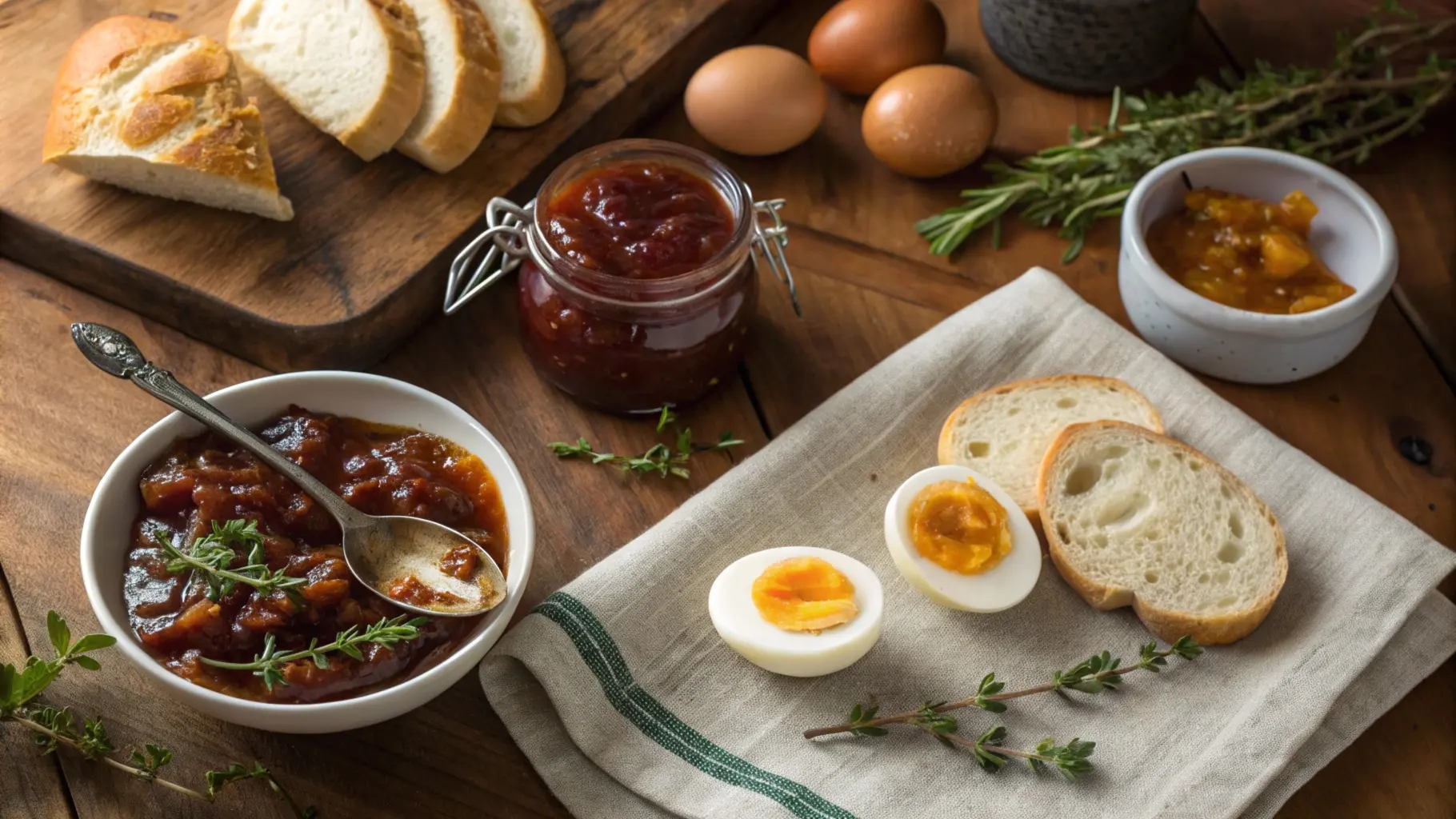 Wooden table with halved jammy eggs, a jar of fruit jam with a spoon, a skillet of caramelized onions, and a bowl of tomato reduction sauce, garnished with fresh herbs, rustic bread slices, and a soft napkin for a warm and inviting scene.