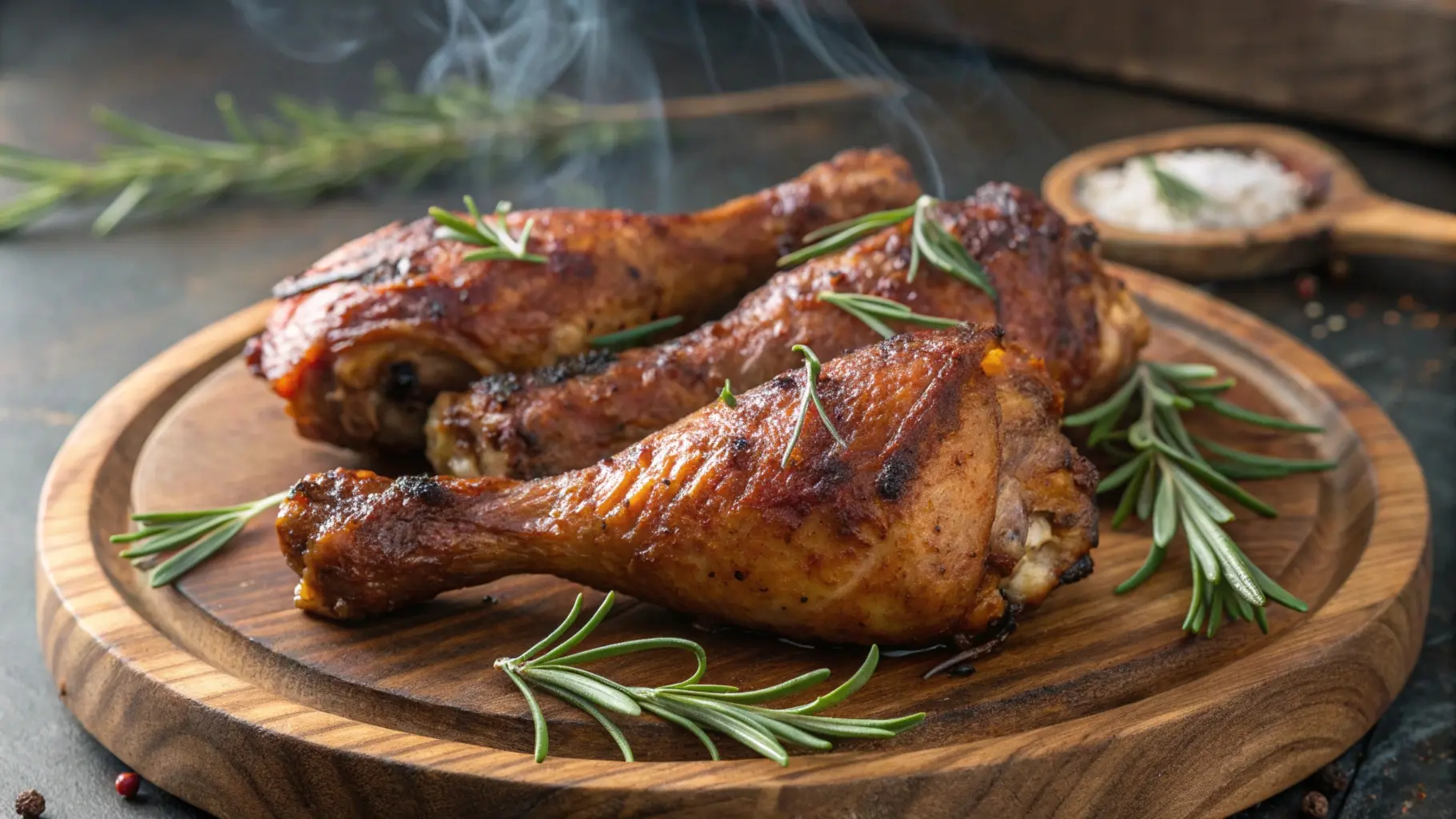 Smoked chicken legs and thighs served on a rustic wooden platter with crispy skin and a smoky finish, garnished with fresh herbs.