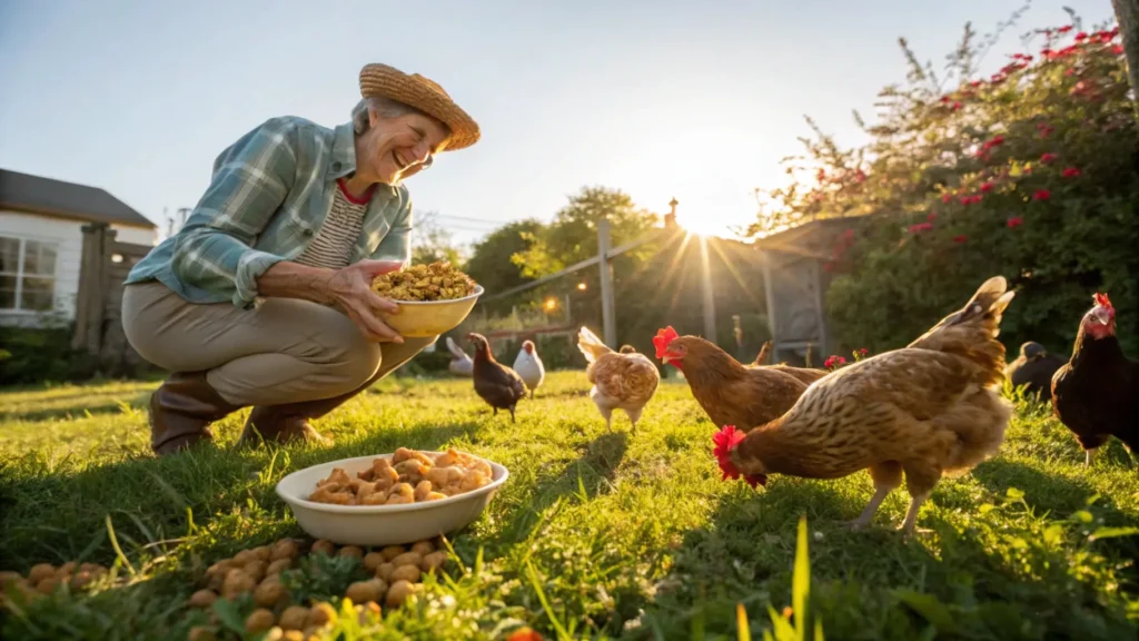 Homemade peanut butter treat for chickens, mixed with grains and seeds, placed in a small feeding dish near a flock of curious chickens.