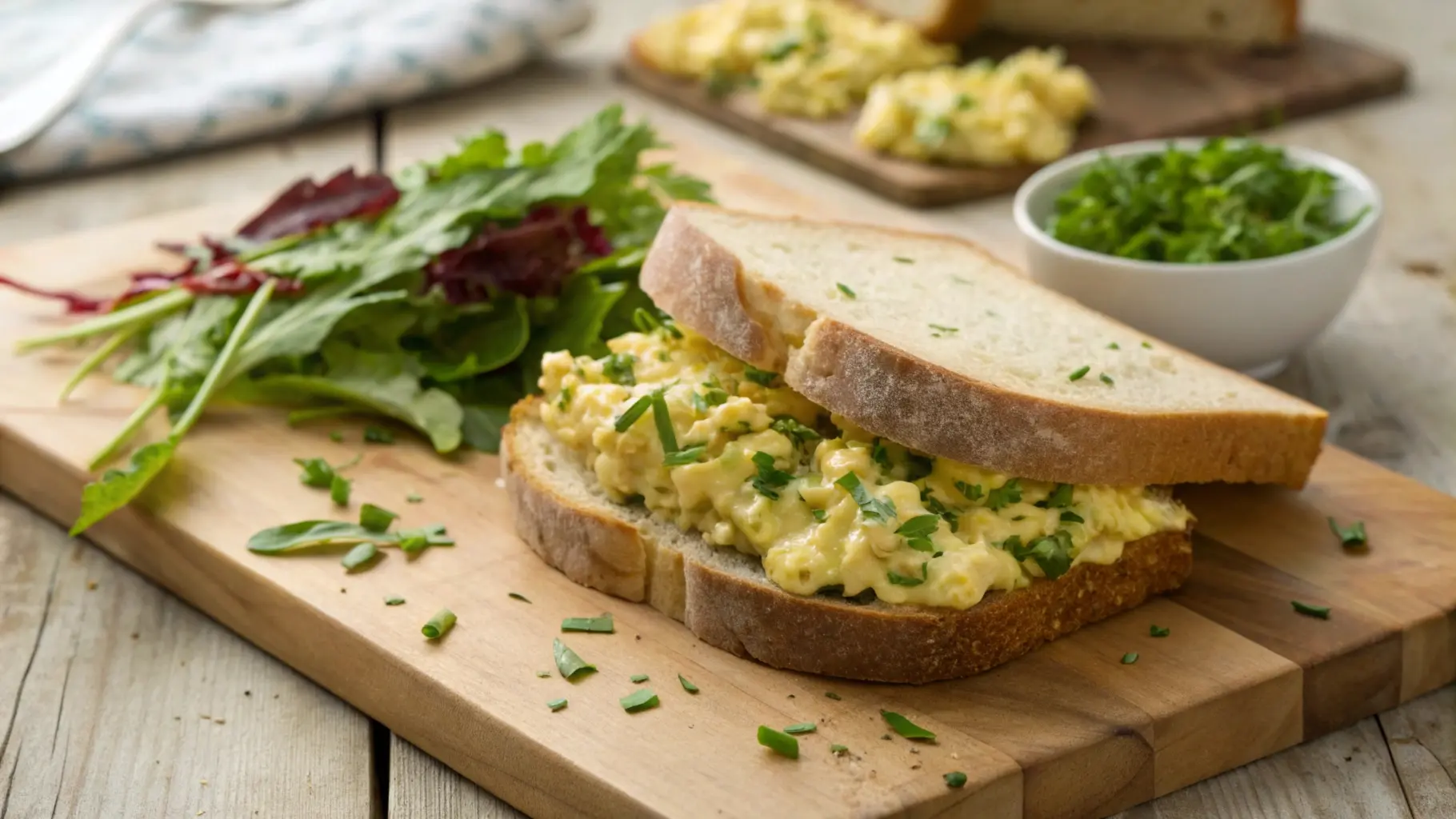 A freshly prepared egg salad sandwich placed on a wooden cutting board, garnished with chopped herbs and served with a side of fresh salad, creating an appetizing and vibrant presentation.