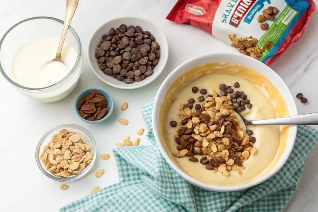 Step-by-step process of mixing instant chocolate pudding in a bowl with added nuts and chocolate chips, displayed with vibrant flat lay ingredients.