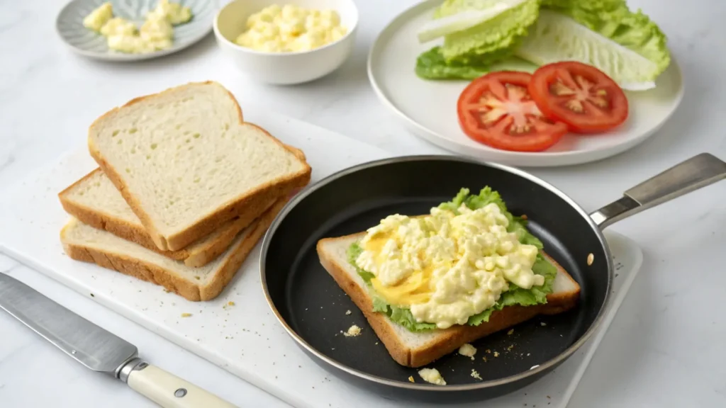 Step-by-step assembly of an egg salad sandwich, showing toasted bread slices, egg salad being spread, and garnishes like lettuce and tomato being added on a clean white countertop with a knife and plate in the background.