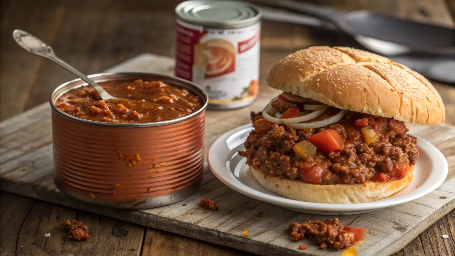 A side-by-side comparison of a homemade sloppy joe with fresh vegetables and a Manwich sandwich made with canned sauce, showcasing their unique textures and colors.