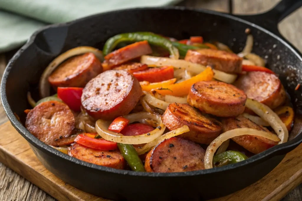 A cast-iron skillet filled with golden-brown kielbasa slices, caramelized onions, and vibrant bell peppers, placed on a wooden table for a cozy, home-cooked presentation.