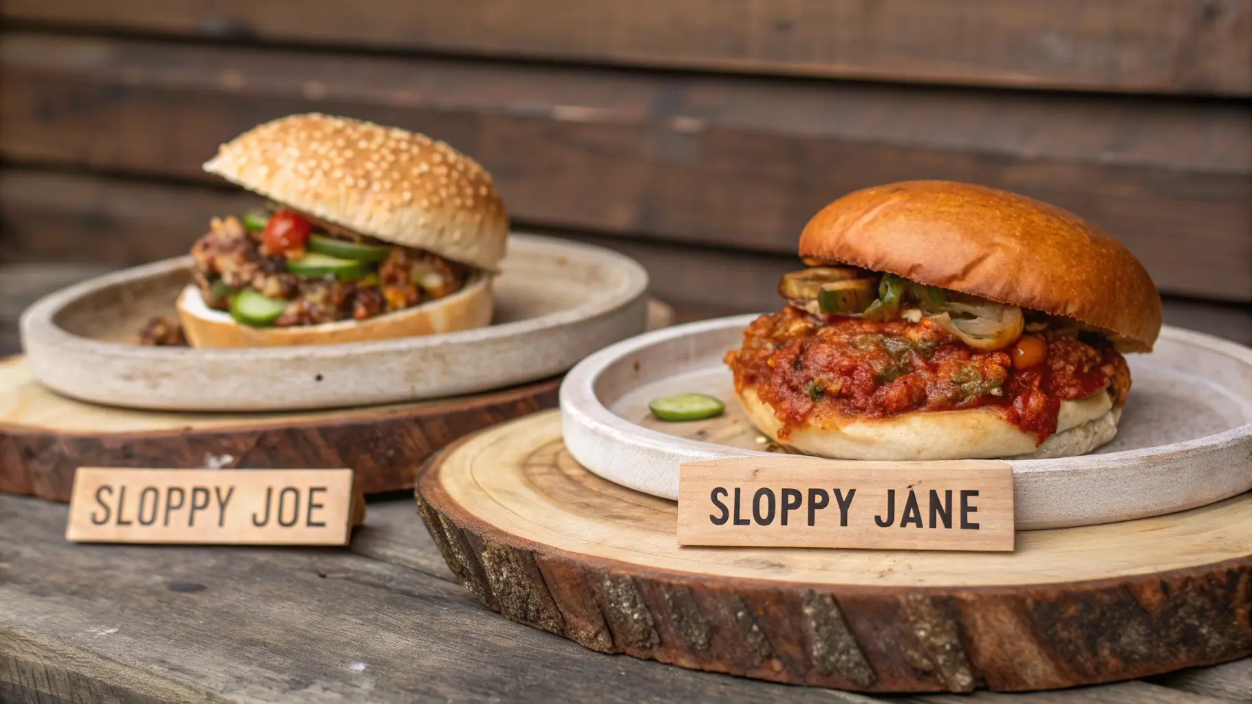 A classic Sloppy Joe and a Sloppy Jane side by side on rustic wooden plates, with clear labels distinguishing each sandwich, showcasing their unique ingredients.