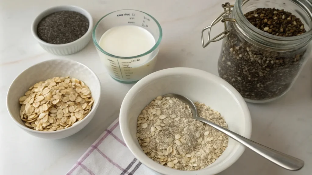 "What is the formula for overnight oats? Step-by-step preparation of overnight oats with oats, milk, chia seeds, and a mason jar, laid neatly on a wooden surface in a kitchen setting."