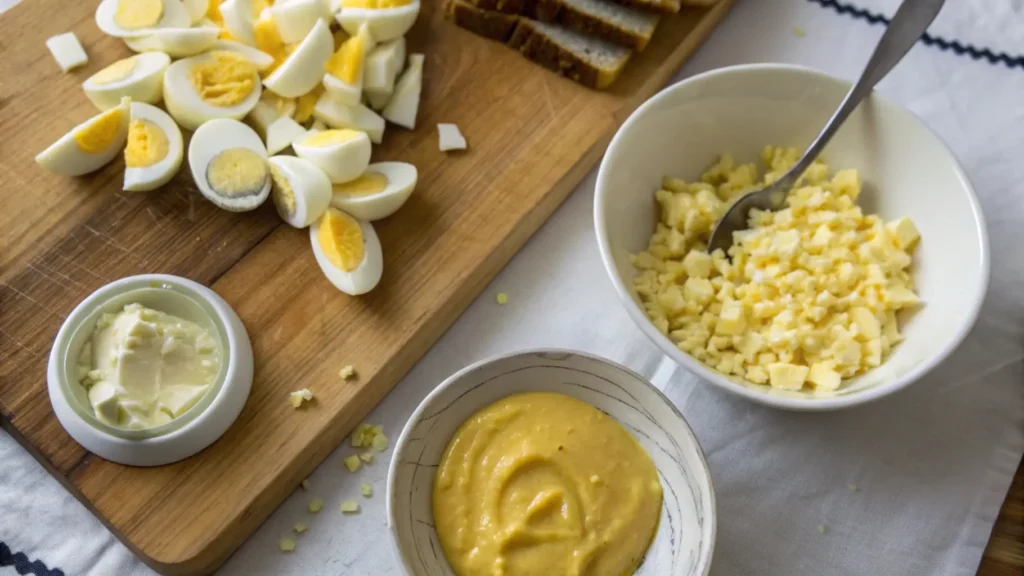 Preparation process of egg salad featuring a cutting board with chopped boiled eggs, a bowl of mayonnaise, mustard, and a spoon stirring the mixture.
