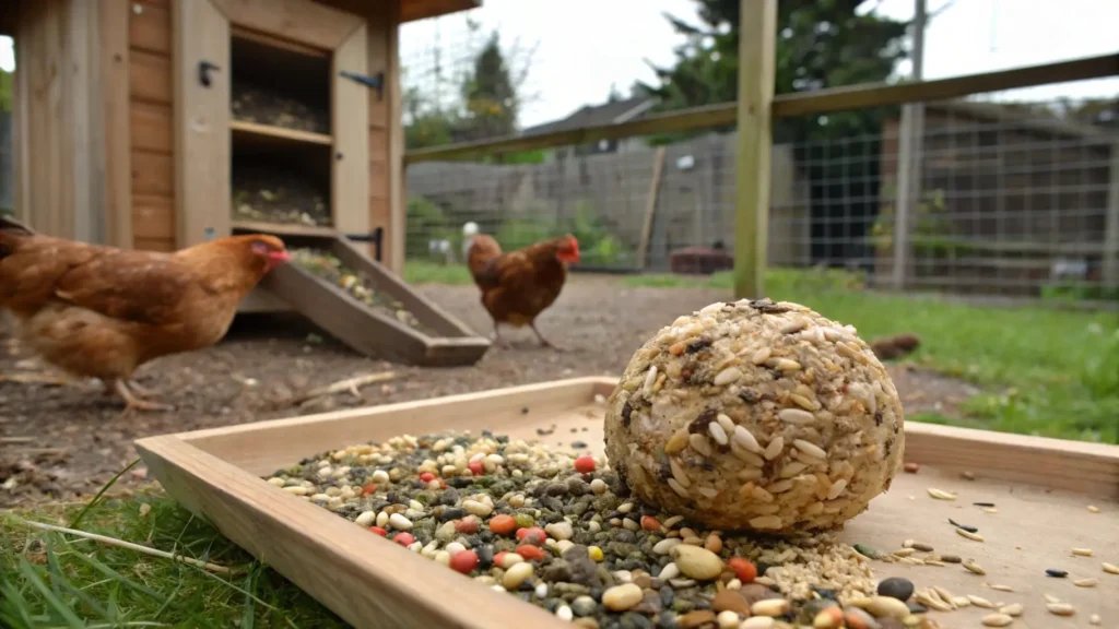 Homemade peanut butter treat for chickens, mixed with grains and seeds, placed in a small feeding dish near a flock of curious chickens.