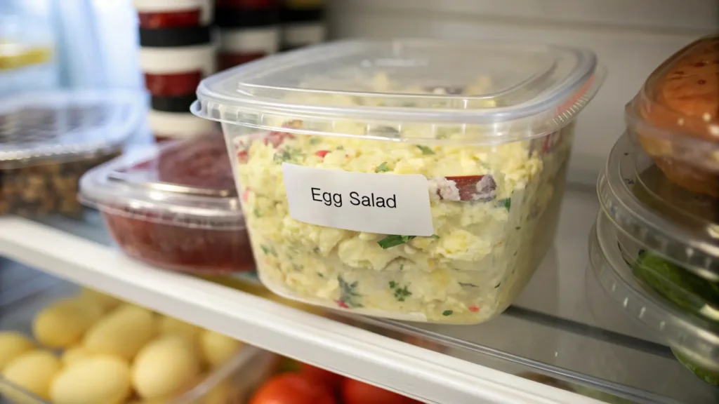 Egg salad stored in an airtight container to stay fresh in the refrigerator.