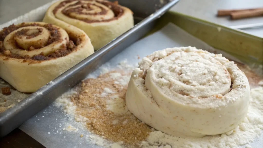 "Side-by-side comparison of cinnamon rolls using bread flour vs regular flour, showcasing variations in texture and rise."