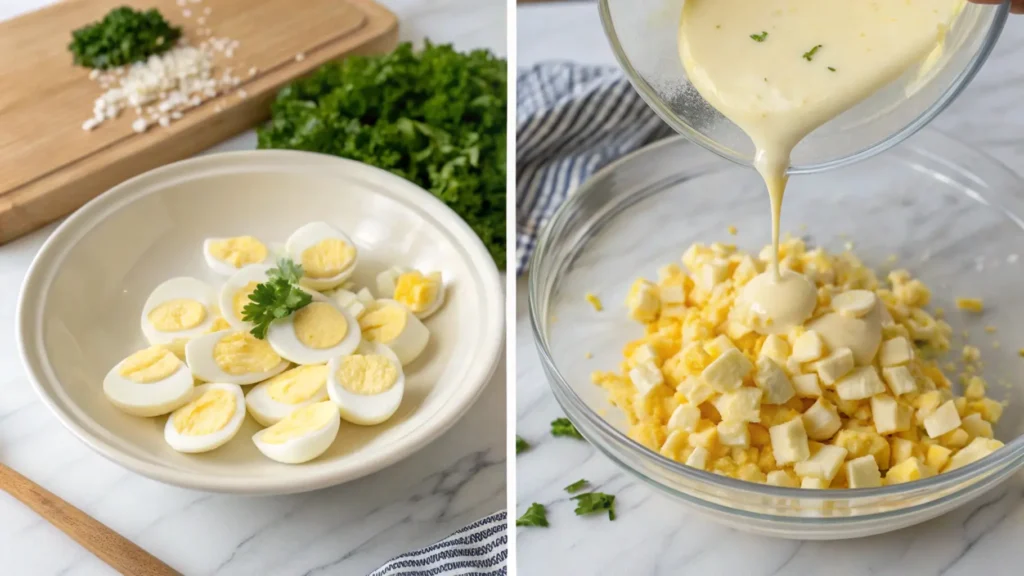 Step-by-step process of making egg salad, showing chopped boiled eggs on a cutting board, mayonnaise being added, and the final salad garnished with parsley in a serving bowl.