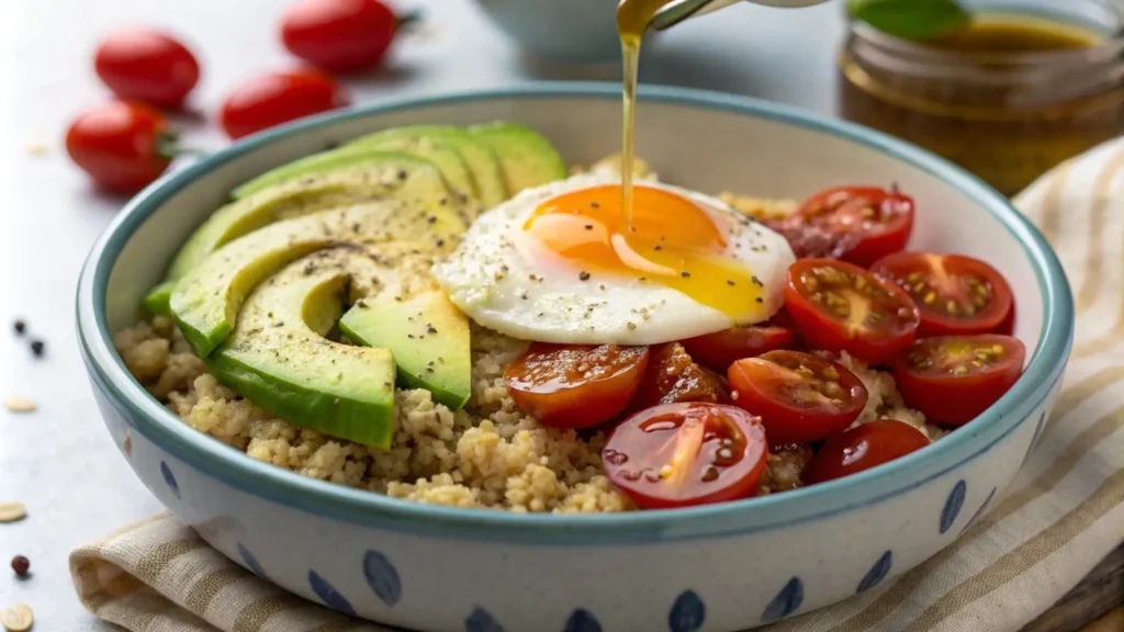 Vibrant breakfast bowl featuring a jammy egg on quinoa, with sliced avocado, cherry tomatoes, and a drizzle of olive oil, creating a colorful and appetizing presentation.