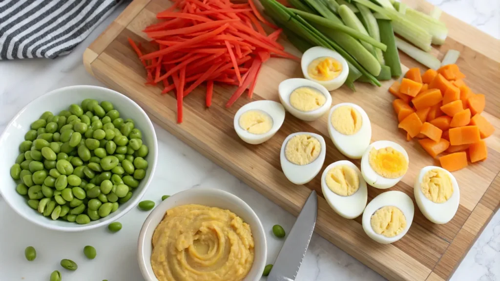 Flat lay of the preparation process for edamame egg salad, featuring boiled eggs, shelled edamame, mustard, and freshly chopped vegetables on a cutting board.