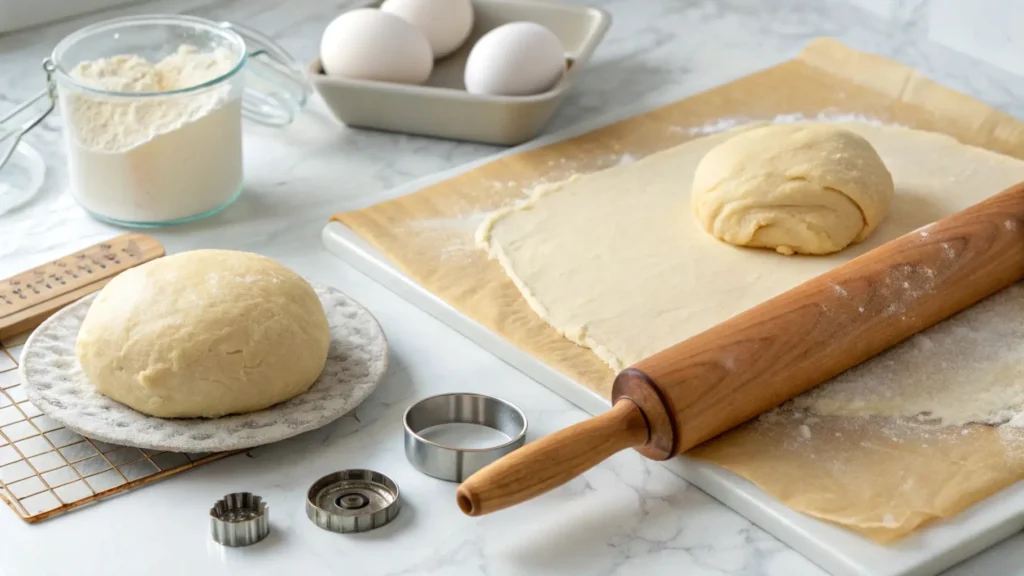 "Step-by-step process of rolling out cinnamon roll dough evenly with a rolling pin, solving why cinnamon rolls are not light and fluffy."