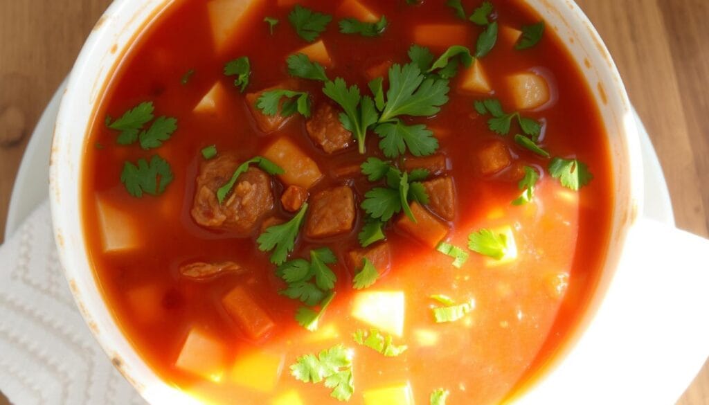 rich tomato-beef broth