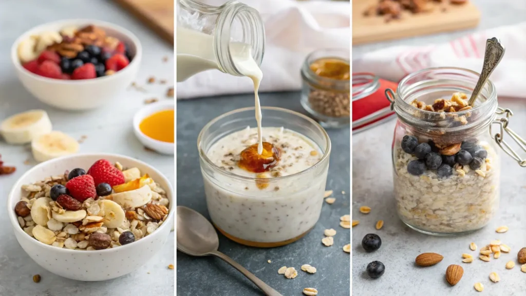 Step-by-step process of making overnight oats: mixing oats, milk, and sweeteners.