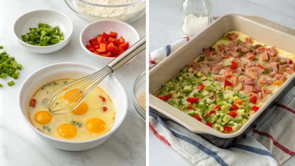 Step-by-step process of preparing a breakfast casserole to avoid sogginess.