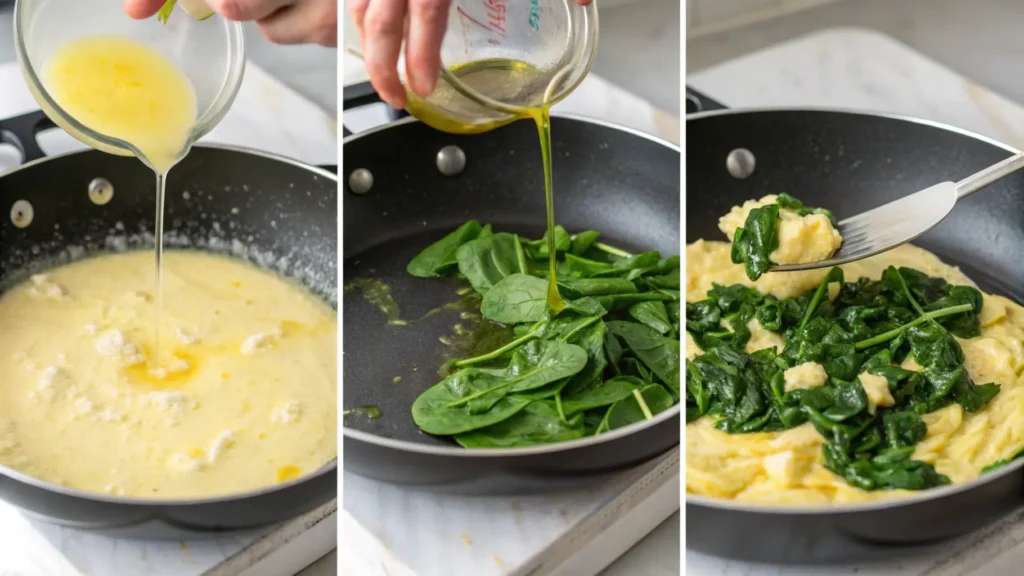 Step-by-step process of cooking spinach and eggs together in a pan for a healthy and flavorful breakfast.