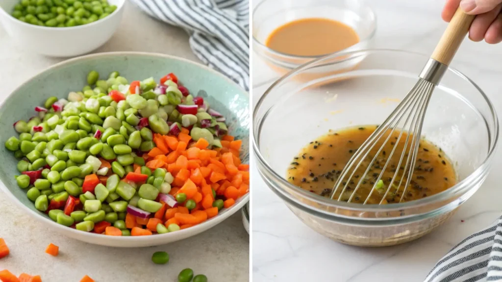 Step-by-step preparation of edamame salad, including cooked edamame, diced fresh vegetables like cucumbers and bell peppers, and soy-sesame dressing.