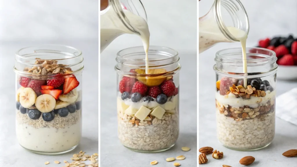 "Step-by-step preparation of overnight oats in a mason jar, with visible layers of oats, yogurt, milk, and healthy toppings like fruits and nuts."