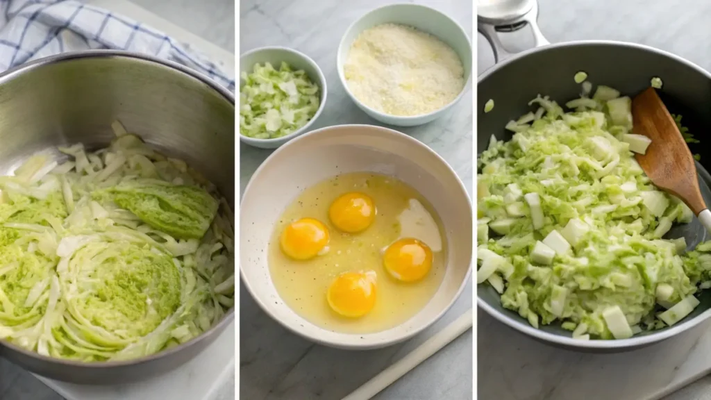 Step-by-step preparation of a cabbage and egg recipe, showing fresh shredded cabbage, beaten eggs, and a sautéing process in a skillet.