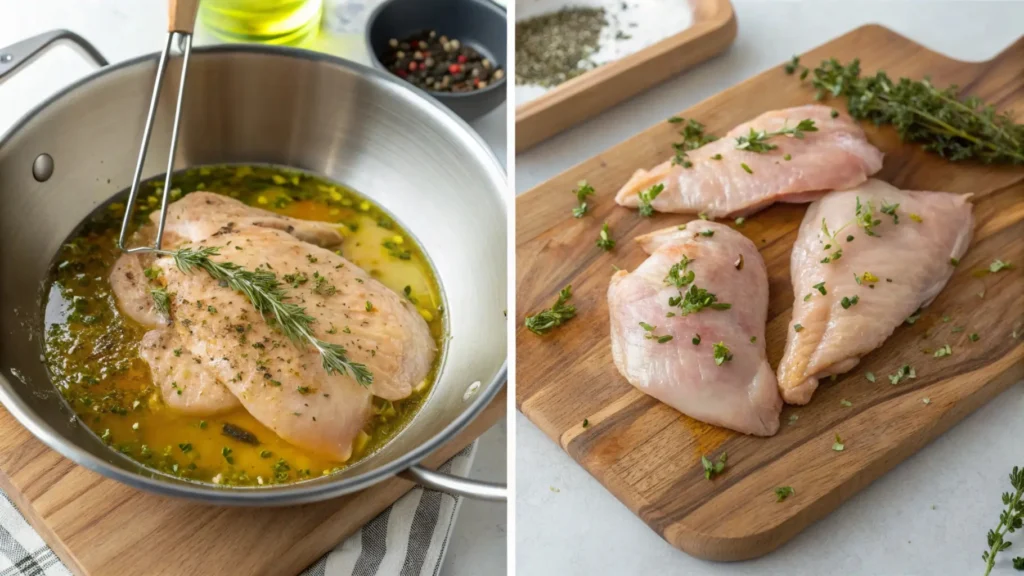 Step-by-step visuals of chicken preparation, showing chicken marinating in a bowl with herbs and olive oil, searing in a hot pan, and resting on a wooden board before slicing.
