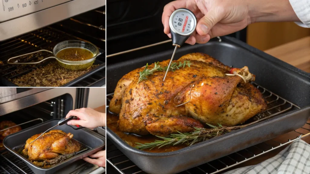 Step-by-step visuals showing a large chicken piece being prepared: marinated with herbs and spices, roasted on a rack in the oven, basted with pan juices, and checked for doneness with a meat thermometer.