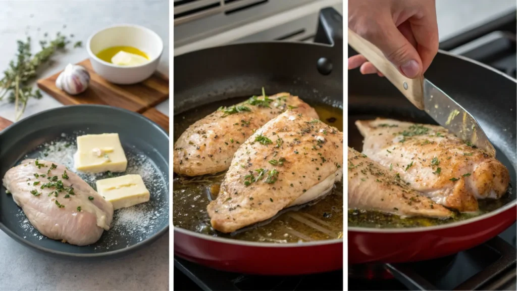 Step-by-step visuals of preparing chicken Gordon Ramsay style, showing seasoning with herbs and salt, searing in a hot pan, basting with butter, and finishing in the oven.