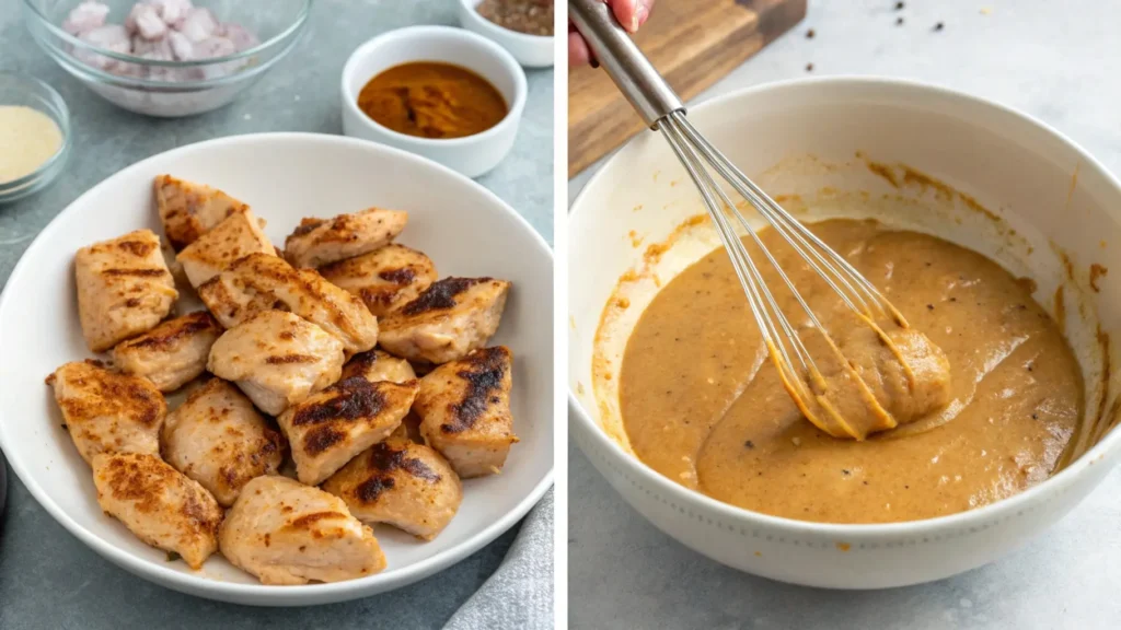 Step-by-step visuals of preparing chicken with peanut butter: marinating the chicken with a nutty sauce, whisking peanut butter sauce ingredients, and grilling or roasting the chicken to a golden-brown finish.