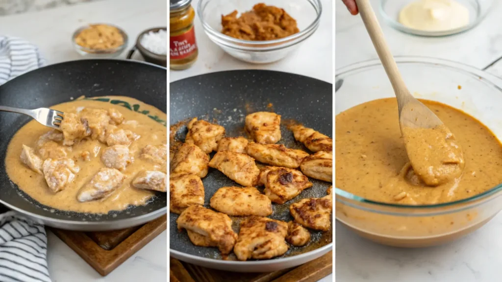 Step-by-step process of making peanut butter sauce, showing a whisk blending creamy peanut butter, soy sauce, and spices in a skillet, with chicken pieces ready to be added.