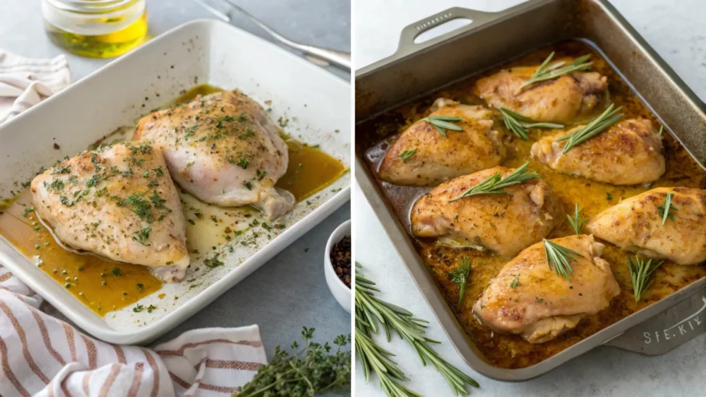 Marinated Galena chicken pieces arranged on a baking tray with fresh herbs, lemon slices, and colorful chopped vegetables, ready to be roasted in the oven.