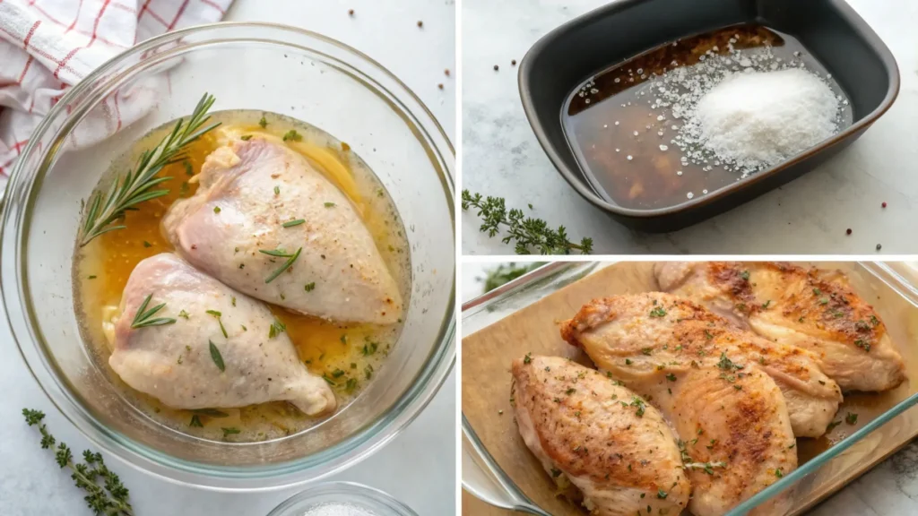 Step-by-step visuals of chicken preparation, including brining in a glass bowl with salt and herbs, marinating in a dish, and searing in a pan until golden-brown.