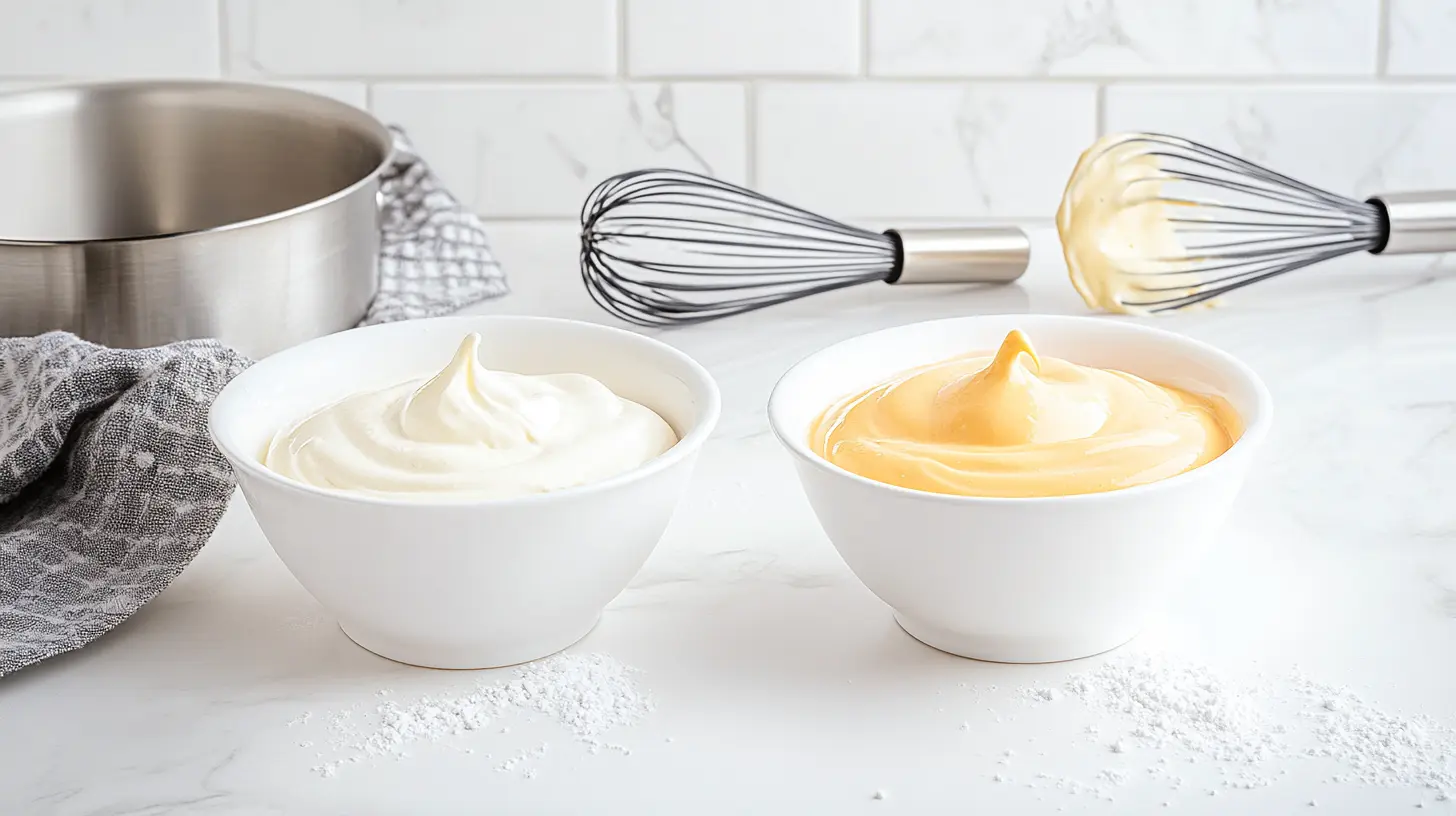 Side-by-side comparison of instant pudding mix and regular pudding mix packages, with bowls of prepared pudding showing instant pudding’s smooth texture and regular pudding’s custard-like consistency, along with whisking tools and a stovetop pan in the background.