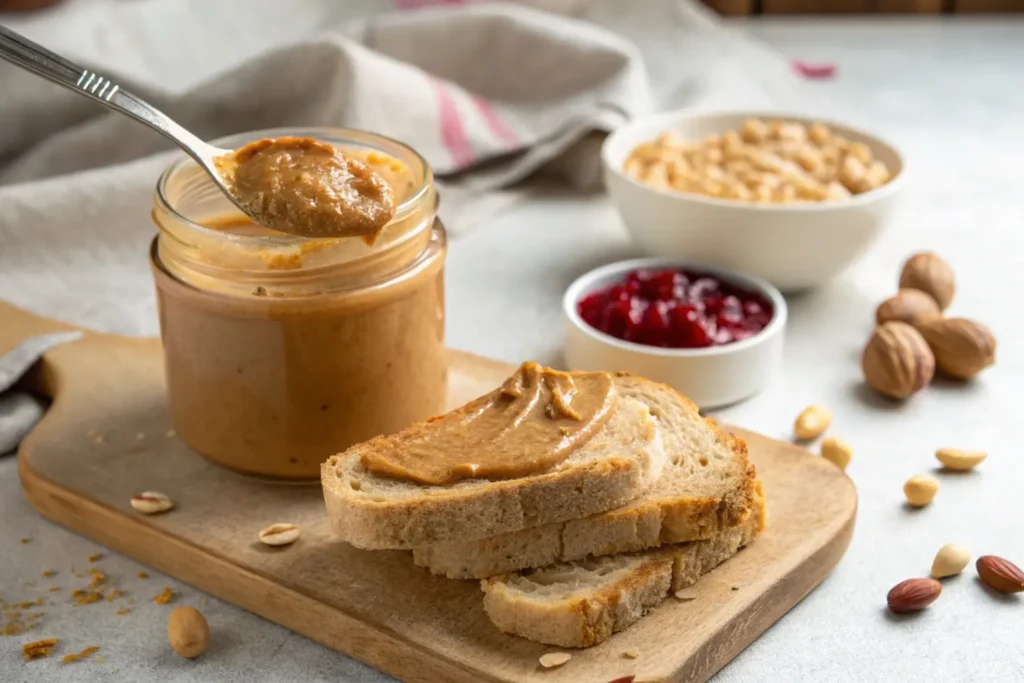 Natural peanut butter being spooned onto whole-grain bread with jelly nearby.