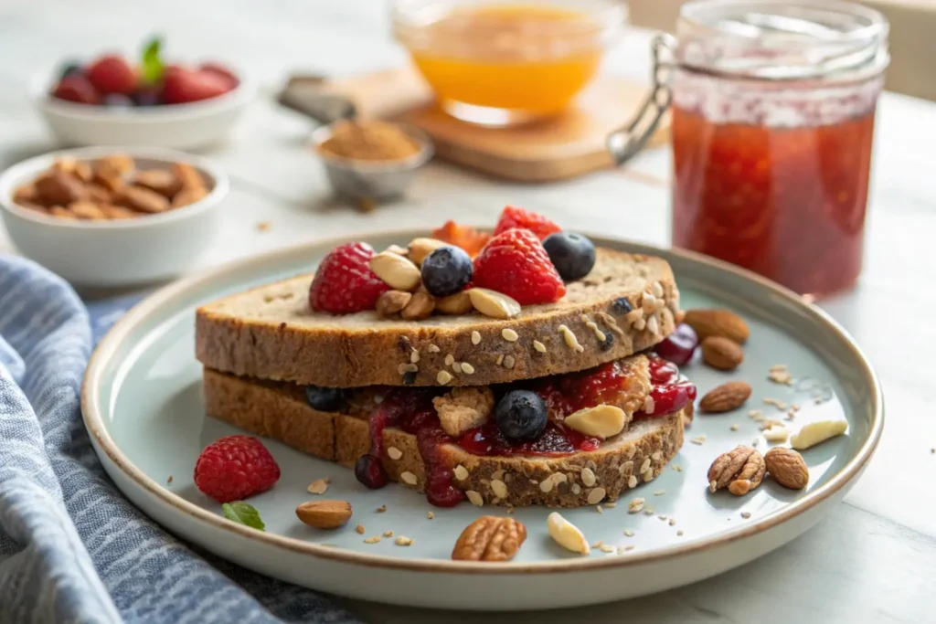 Sliced PB&J whole-grain bread served with fruit, nuts, and honey.