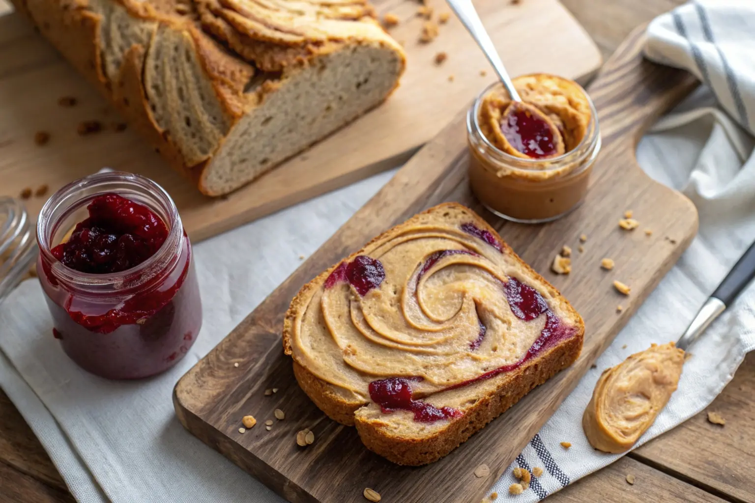 Whole-grain bread swirled with peanut butter and jelly, freshly baked.